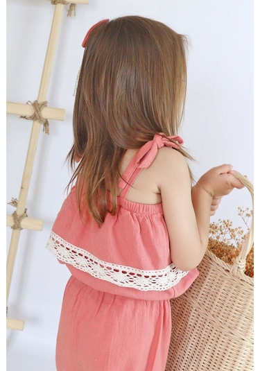 Kız Çocuk Pera Somon Şile Bezi Askılı Dantel Detaylı Tulum Toka Takım Tlm-0059.12 Somon