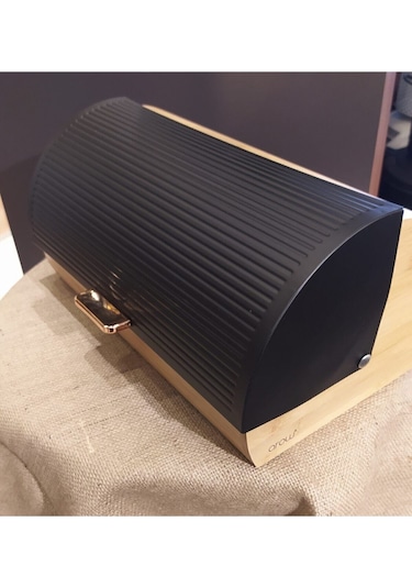 Ahşap Ekmek Saklama Dolabı Metal Kapaklı Siyah Fma005394