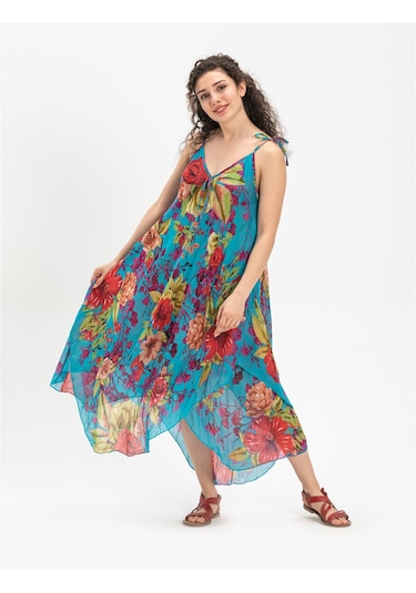 Askılı Vual Afrodit Midi Boy Elbise Turkuaz 6138