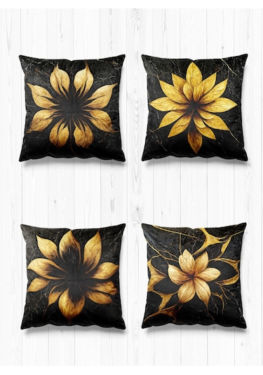 Çift Tarafı Farklı Desenli Süet 4'lü Kırlent Kılıfı-Altın Çiçekli Mermer