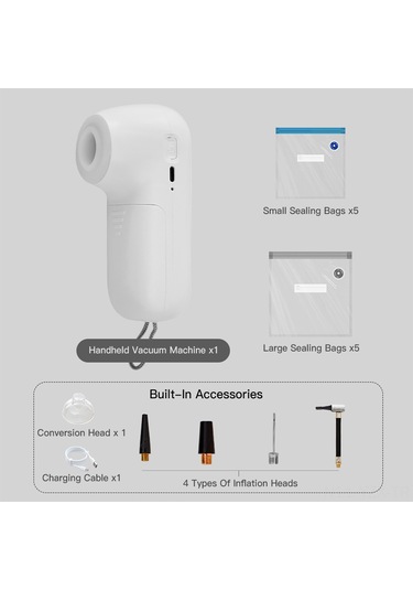 Yaozixa El Zk001 El Tipi Vakum Ve Hava Pompa - Yiyecek Muhafaza & Balon, Top Şişirme - 5 Büyük +5 Küçük Poşetli Kablosuz, 3000mah