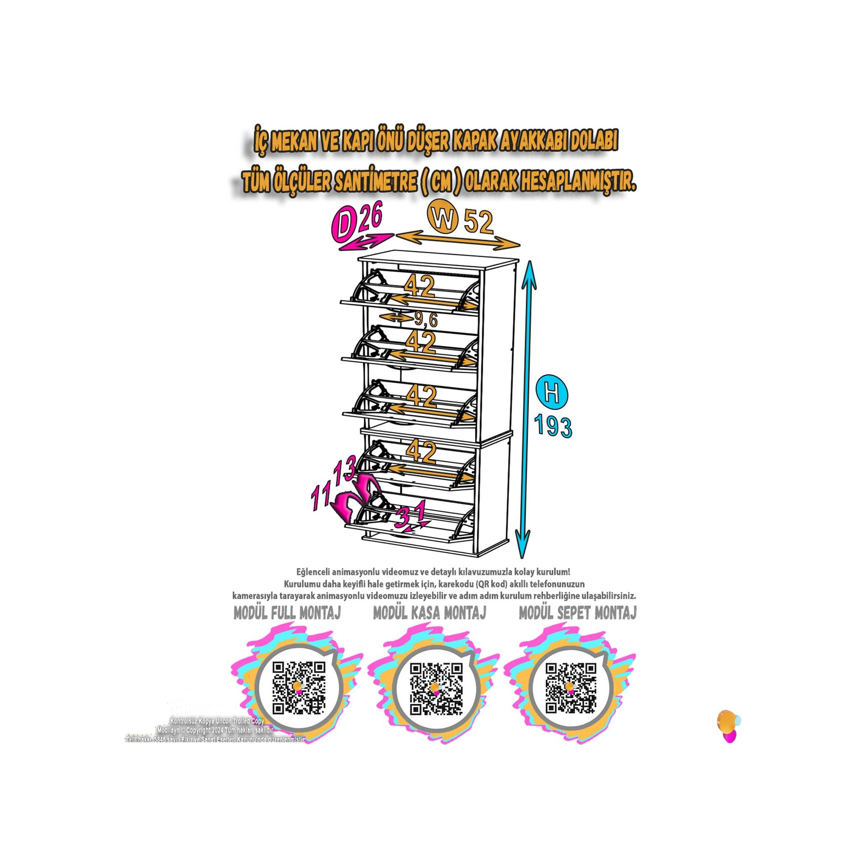 Asil 2 Li Cordoba Renk Asma Ayakkabılık Kapı Önü 5 Düşer Kapak 10 Göz Bölme Ayakkabılık 52x193x26 Cm Cordoba