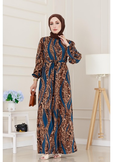 Sevitli Leopar Desenli Beli Tünelli Viscon Elbise-mavi-5089 Mavi