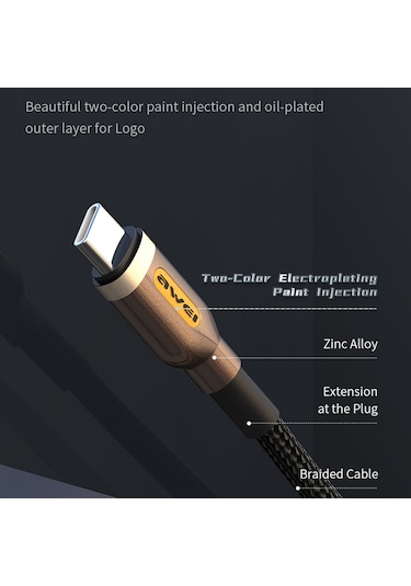 Awei Cl-125t Tip-c / Usb-c Tip-c / Usb-c Hızlı Şarj Veri Kablosu, Uzunluk: 1m Siyah