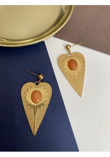 Turuncu Taş Kalkan Çelik Kararmaz Küpe Çifti Altın