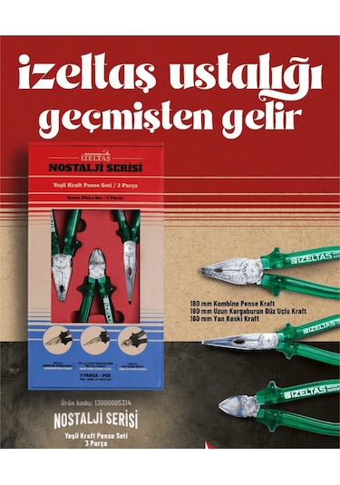 İzeltaş Nostalji Serisi / Yeşil Kraft Nostalji Pense Seti 3 Parça