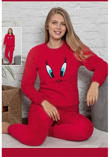 Kadın Kışlık Peluş Pijama Takımı Tweety Takım Tampap 8170- 1005 Kırmızı