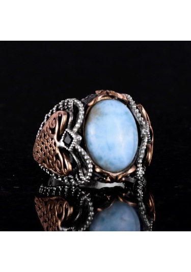Doğal Larimar Taşlı Yüzük, 925k Saf Gümüş Erkek Yüzüğü, Okyanus Sakinliği Tasarımı Gümüş