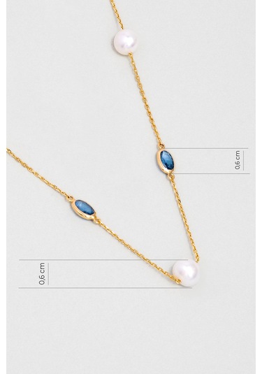 Doğal İnci Işıltısı 14 Ayar 45 Cm Sarı Altın Kolye Mavi