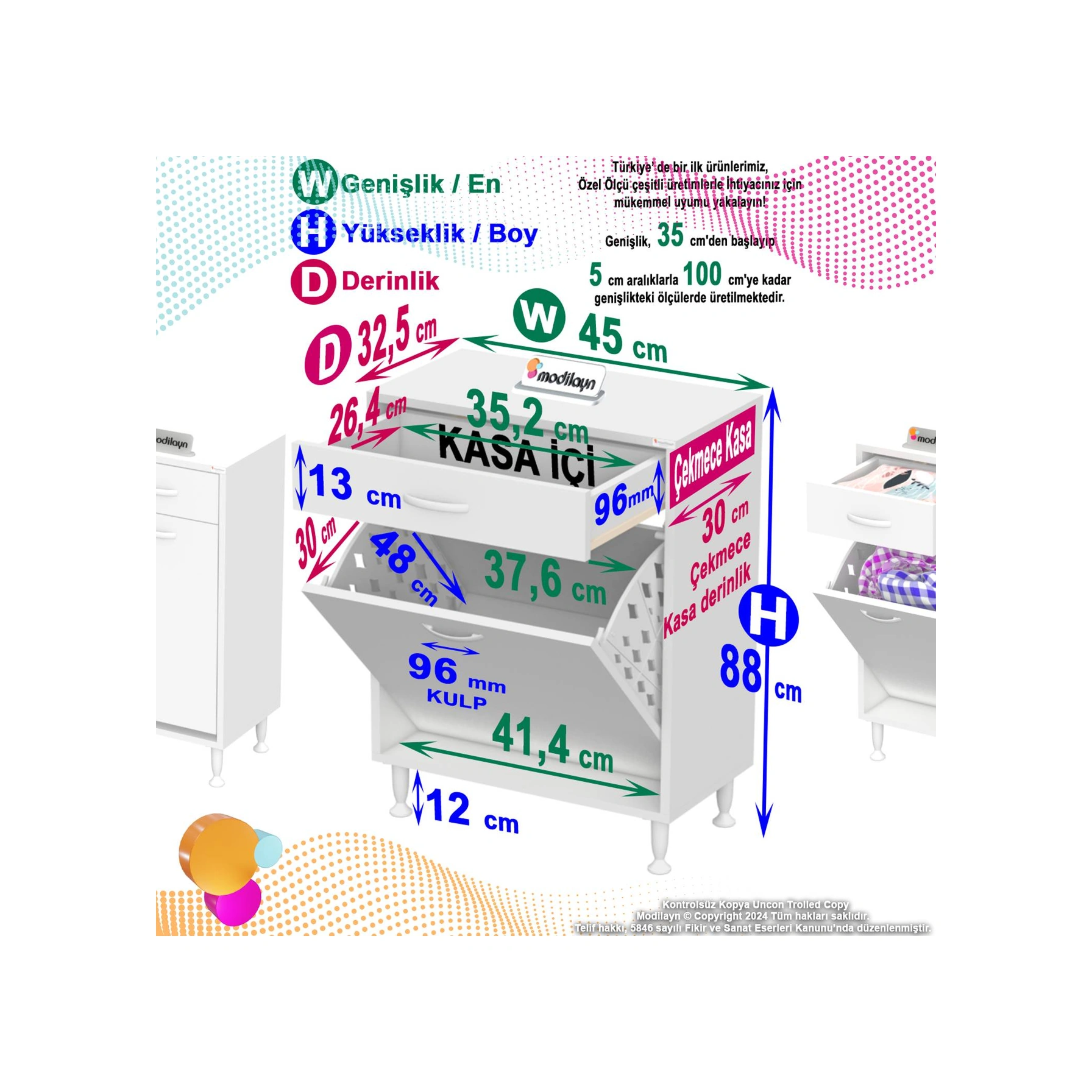 Mira Mutfak Ve Banyo Dolabı 45 Cm Tek Göz Sepetli Çok Amaçlı Kirli Çamaşır Dolabı 45x88x32,5 Cm Beyaz