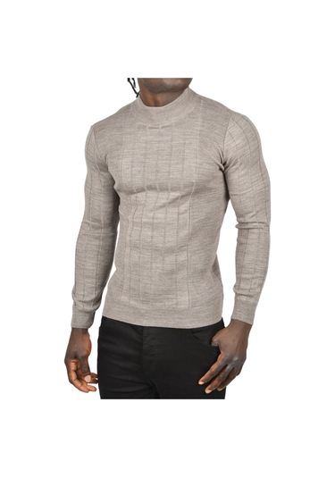 Deepsea Erkek Vizon Yarım Balıkçı Yaka Çizgili Tüylenmeyen Slim Fit Triko Kazak 2505491 Vizon