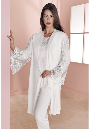 Espuar 757 Penye 3'lü Sabahlık Pijama Takımı - Ekru - M Ekru