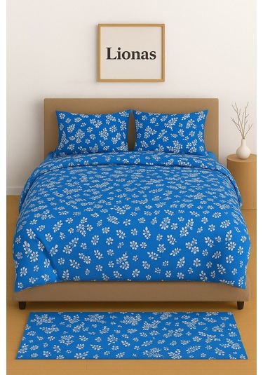 Çift Kişilik Desenli Nevresim + 2 Adet Kapaklı Yastık Kılıfı Lacivert