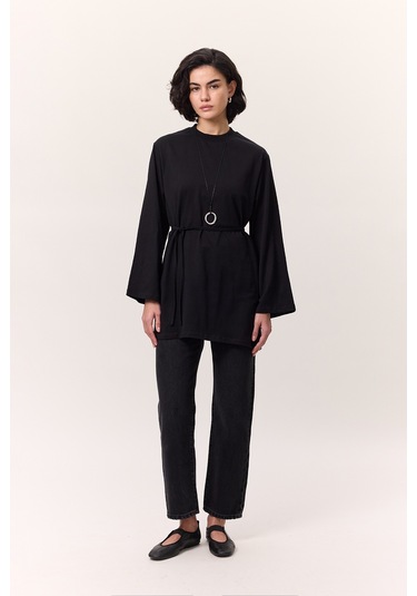 Bağlama Detaylı Oversıze Tshırt Siyah Siyah