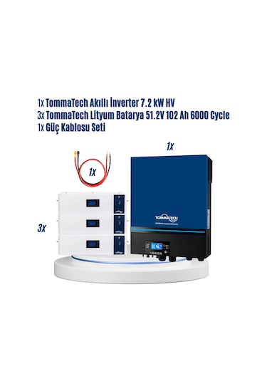 Tommatech 7.2kw Akıllı İnverter + 3 X 51.2v 102ah Lityum Batarya Seti Güç Kablosu Dahil