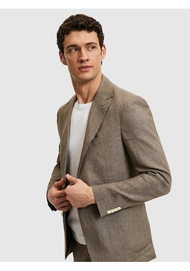 Cacharel Kahverengi Slim Fit %100 Keten Mikro Desen Mono Yaka Ceket Hardal