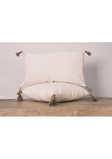 3'lü Hasır Püsküllü Naturel Keten Karışımlı Kırlent Kılıfı Krem-2638 Açık Krem