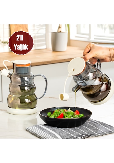 Porsima 3617- 2 Kapaklı Borosilikat Cam 2li Yağlık Sirkelik Seti Yağdanlık Takımı 1000ml Beyaz Beyaz