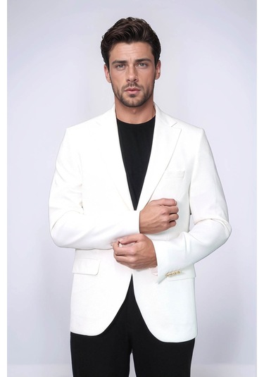 Ekru Kedinden Desenli Örme Altın Renk Metal Düğmeli Slim Fit Erkek Blazer Ceket - Wessi Blue Ekru Kedinden Desenli Örme Altın Renk Metal Düğmeli Slim Fit Erkek Blazer Ceket - Wessi Blue