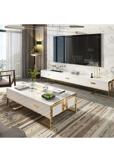 Barbara Gold Metal Beyaz Orta Sehpa