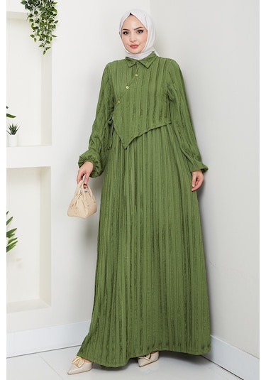 Çapraz Bağlamalı Bürümcük Elbise 1617 - Haki Haki