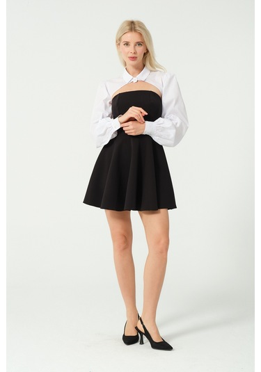 Kolluk Detay Mini Kloş Elbise Siyah Beyaz