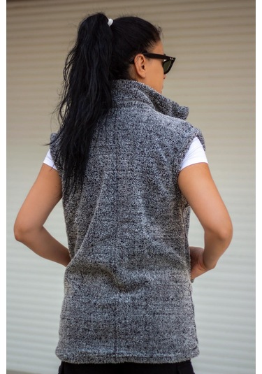 Kadın Gri Peluş Welsoft Kalın Fermuarlı Hakim Yaka Yelek 23kylkmy10 001