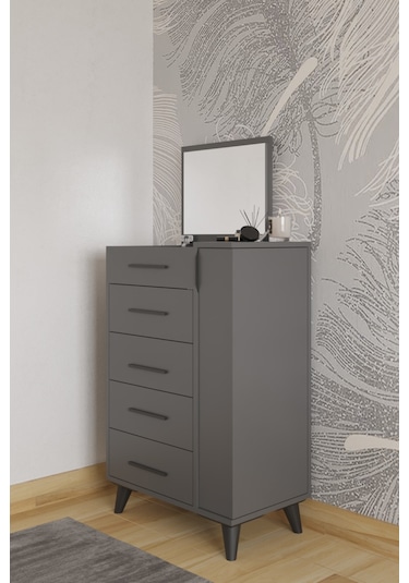 Rose Aynalı Makyaj Masası, Şifonyer, Etijer, Çok Amaçlı Takı Dolabı, Antrasit Antrasit