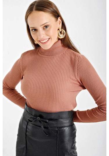 Gabria Fitilli Balıkçı Yaka Kazak Camel