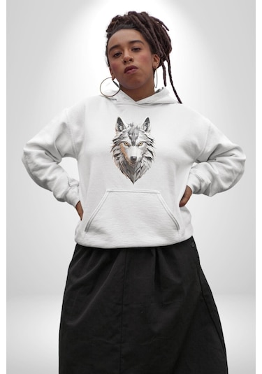 Beyaz Kurt Kafası Kadın Erkek Beyaz Kapüşonlu Sweatshirt Hoodie Beyaz