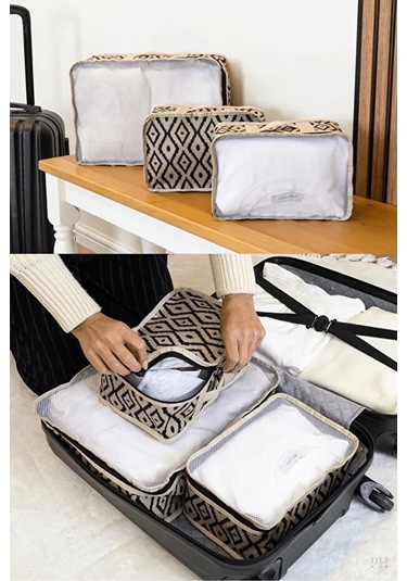 Bohe 3'lü Bavul İçi Düzenleyici Seyahat Çantası Organizer Bej