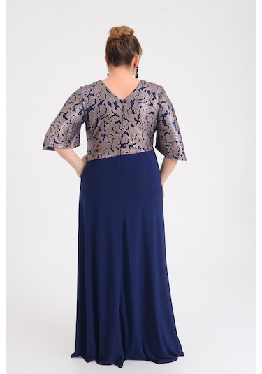 Lilas Xxl Kadın Büyük Beden Kruvaze Yaka Kısa Kollu Uzun Abiye Elbise 9670 Lacivert Lacivert