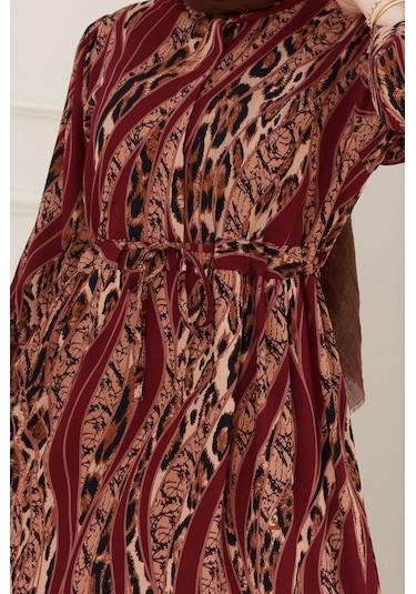 Sevitli Leopar Desenli Beli Tünelli Viscon Elbise-bordo-5087 Bordo