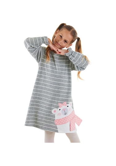 Denokids Ayıcık Kız Çocuk Çizgili Elbise Renkli Çok Renkli