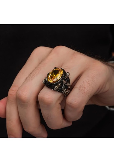 Sarı Sitrin Taşlı 925 Gümüş Erkek Yüzük Beyaz