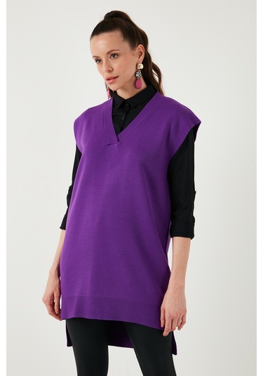 Lela V Yaka Arkası Uzun Triko Bayan Süveter 4616082Y Mor