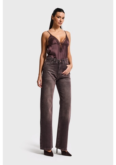 Itsbasic Kadın Koyu Kahve Doris 2s6-16 Straight Fit Yüksek Bel %100 Koton Denim Jean