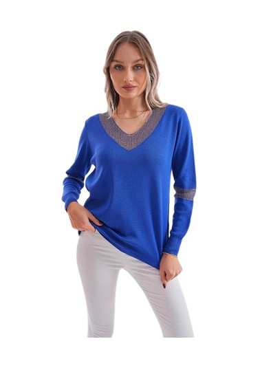 Kadın V Yaka Simli Kol Detaylı Kazak 12787 Bgl-st04108 Saks Mavi
