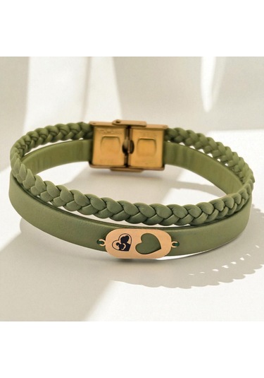 Archin Anne Sevgisi Temalı Doğal Yeşil Derili Kalp Motifli 14 Ayar Altın Plakalı Hediye Bileklik-556sembol Anne Ve Çocuk