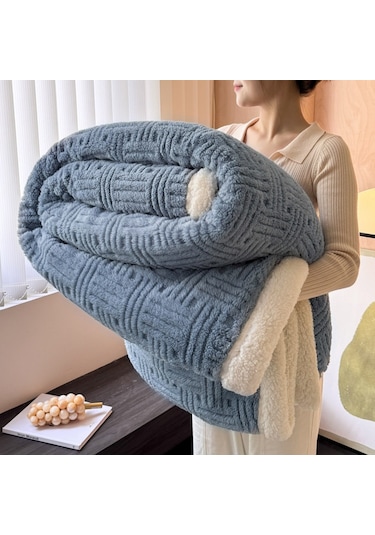 Kalınlaştırılmış Pamuklu Kadife Kuzu Kürkü Battaniye Öğle Uyku Örtüsü Noble Blue