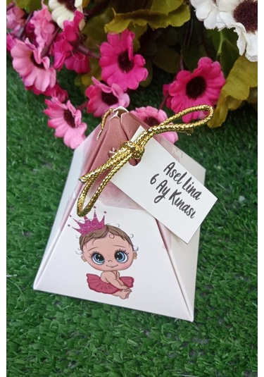 30 Adet Gold İpli Pembeli Kız Piramit Kutu - 6 Ay Kınası - Lokum