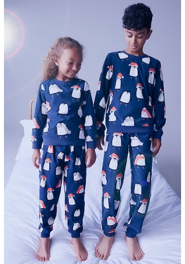 Unisex Çocuk Yeni Sezon Pamuklu Mavi Renk Eğlenceli Penguenler Baskılıpaça Lastikli Pijama Takımı Mavi Penguen Mavi
