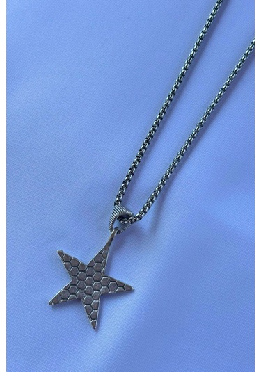 Yıldız El İşçiliği Paslanmaz Çelik Zincir Erkek Kolye Gümüş