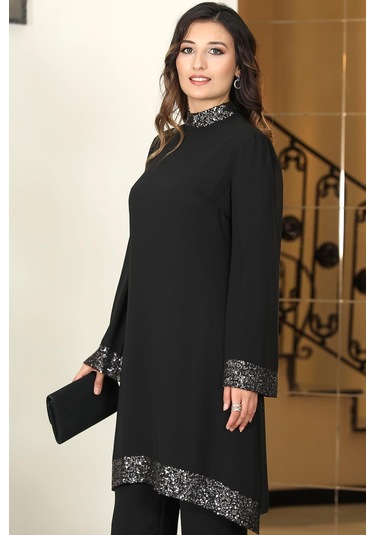Umay Şifon Tunik Pantolon İkili Tesettür Takım Siyah Siyah