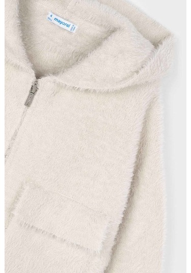 Kız Çocuk Kapüşonlu Cepli Pelüş Hırka - Ekru Gri