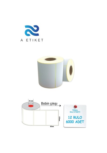 Termal Barkod Etiketi 80x100mm 12 Rulo 500 Sarım 12 Adet