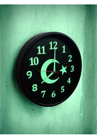 Fosforlu Gece Görünen Ayyıldız Duvar Saati Çap 28 Cm Cam Yok Siyah