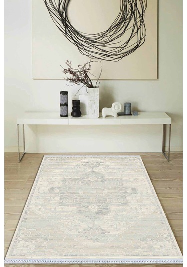 Ekru Vintage Dokuma Pamuk Tabanlı Kaymaz Kilim Klm369