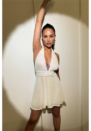 Neşeli Butik Kadın Beyaz Halter Yaka Payet Elbise Nbdf046 Beyaz
