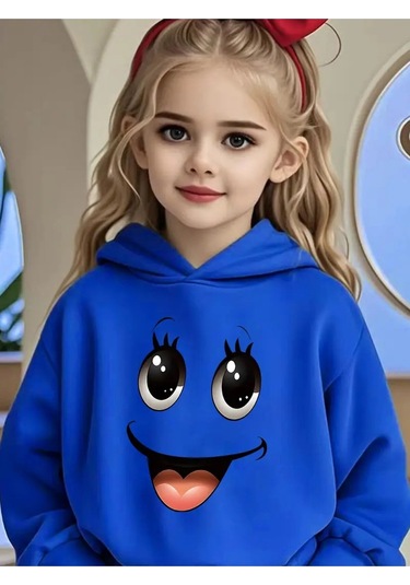 Kışlık Kapüşonlu Sweatshirt, Çocuk Sevimli Gülücük Desen Mavi